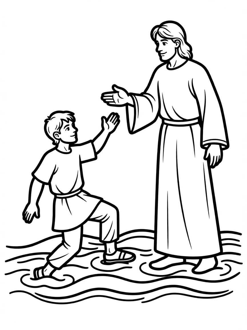 Jesus walking on water, reaching out to Peter.