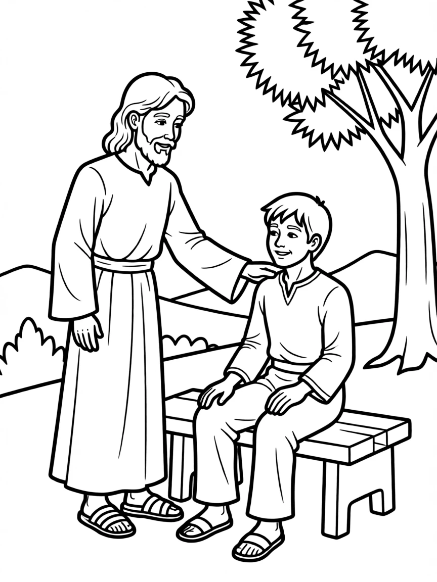 Jesus healing a sick person, with a gentle touch and a smile.