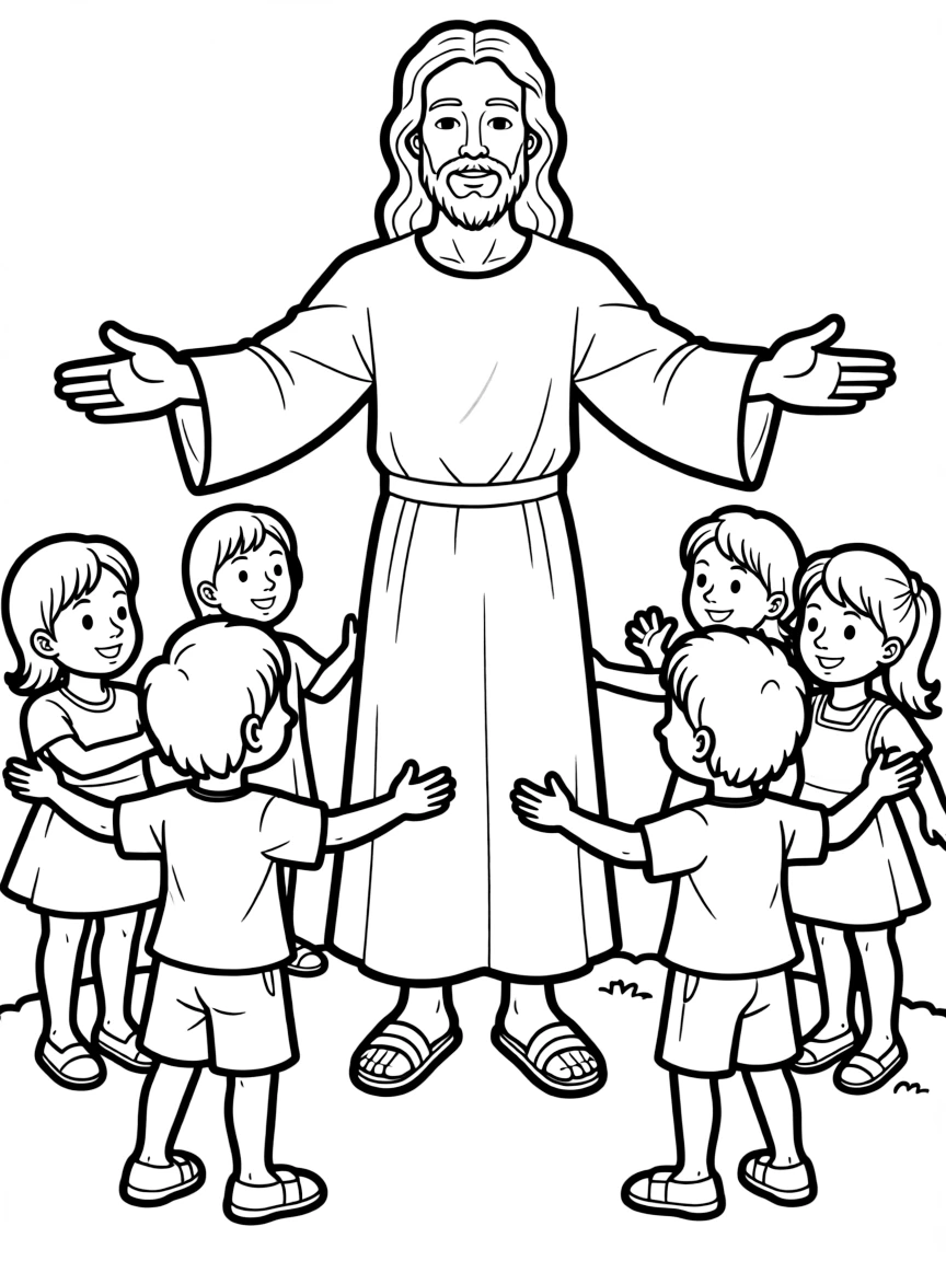Jesus welcoming children, with their arms outstretched.