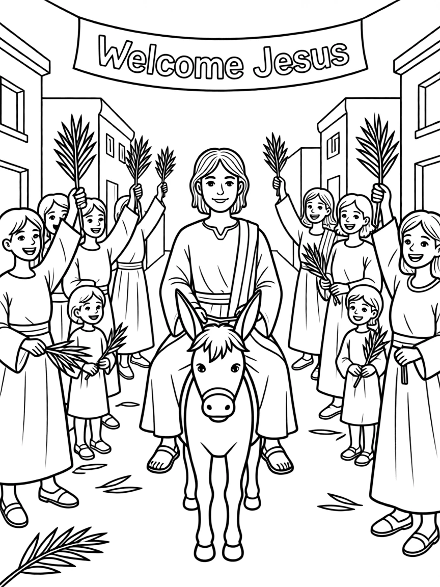 Jesus riding into Jerusalem, with people waving palm branches joyfully.
