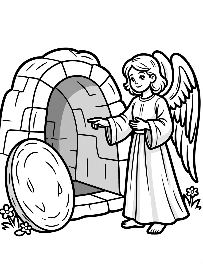 The empty tomb, with an angel pointing inside.