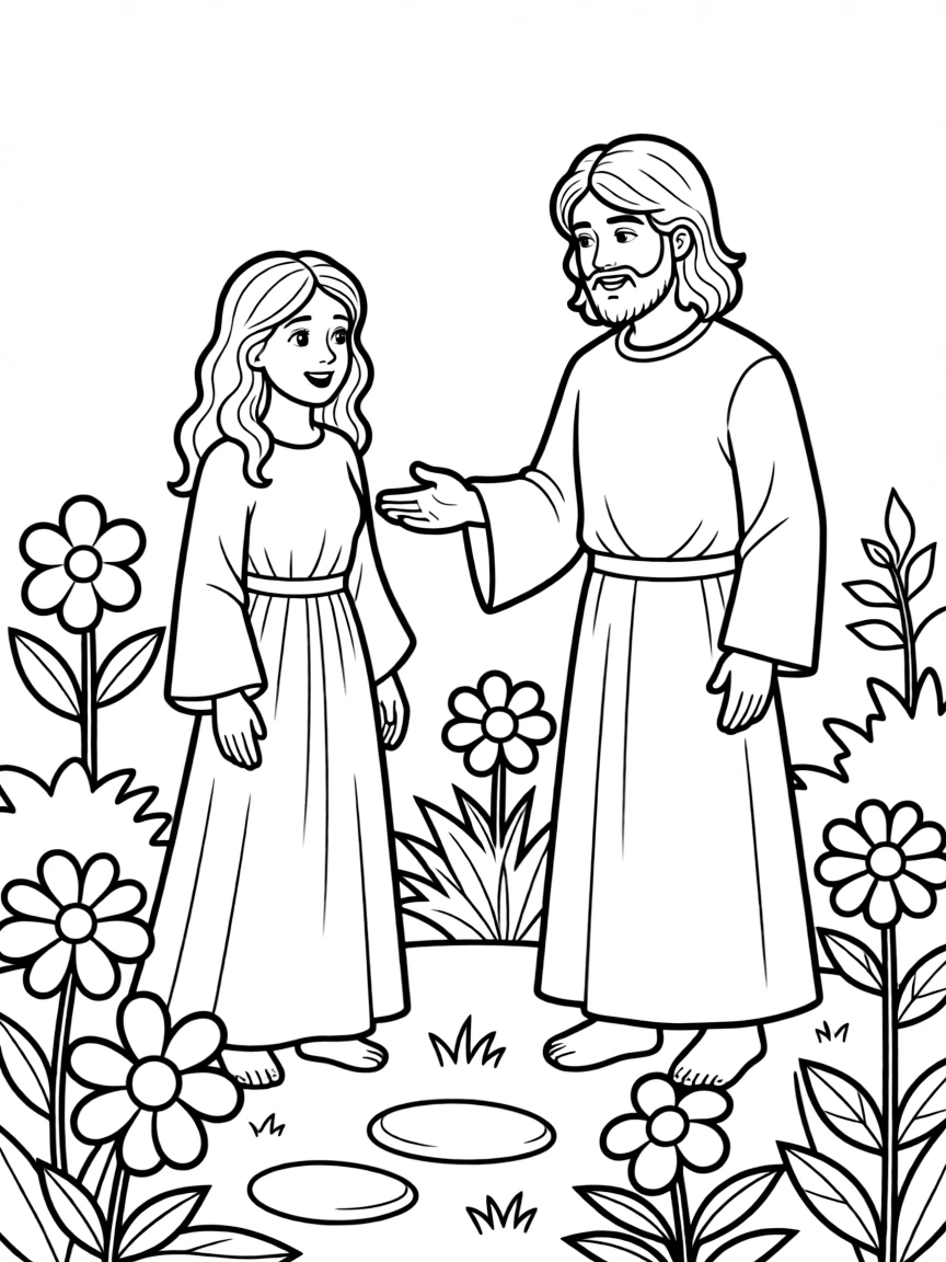 Mary Magdalene meeting Jesus in the garden, looking surprised and happy.