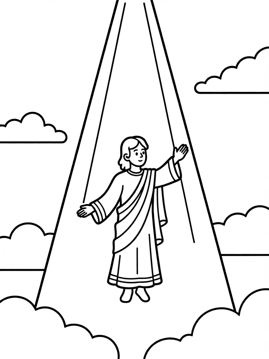 Jesus ascending to heaven, with a ray of light guiding him up.