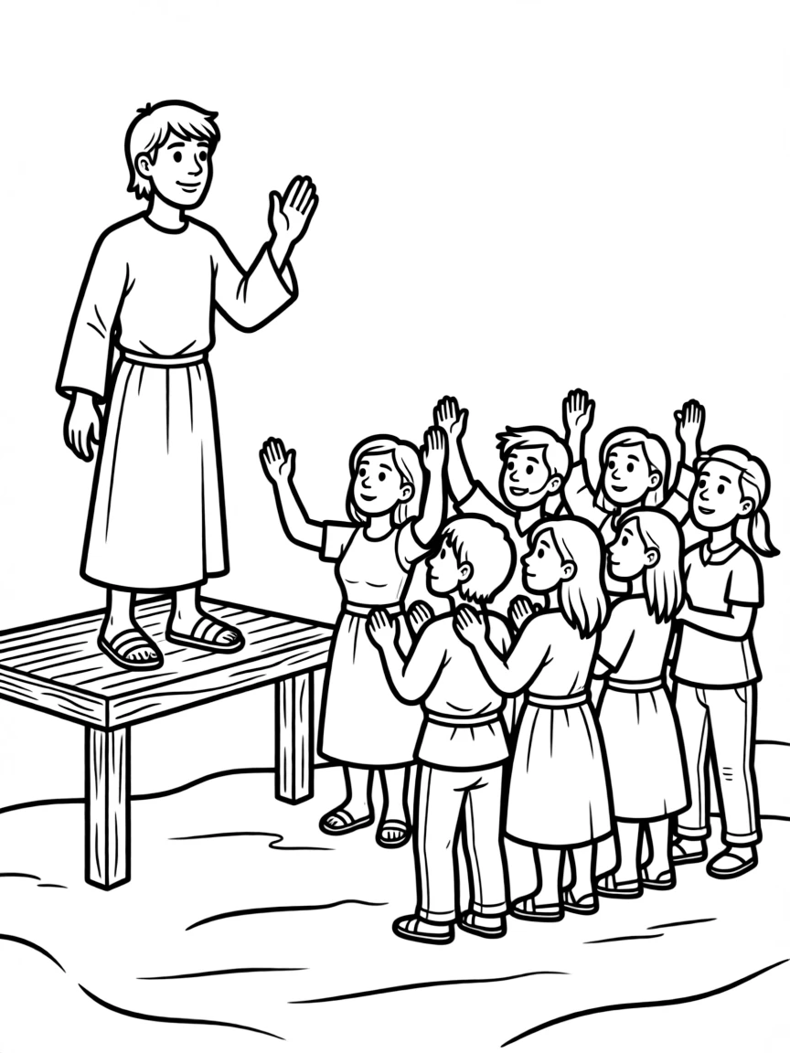 Peter preaching to a crowd, with people raising their hands in repentance.