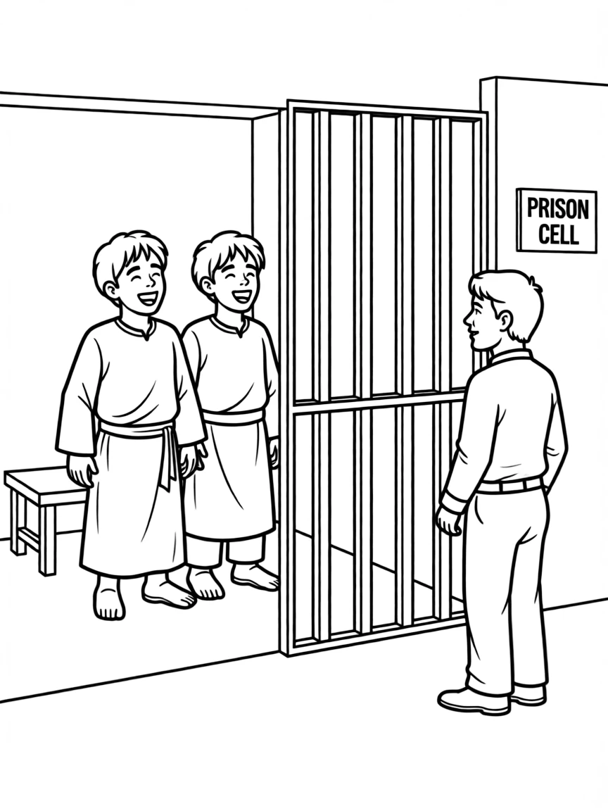 Paul and Silas singing in prison, with the jailer listening.