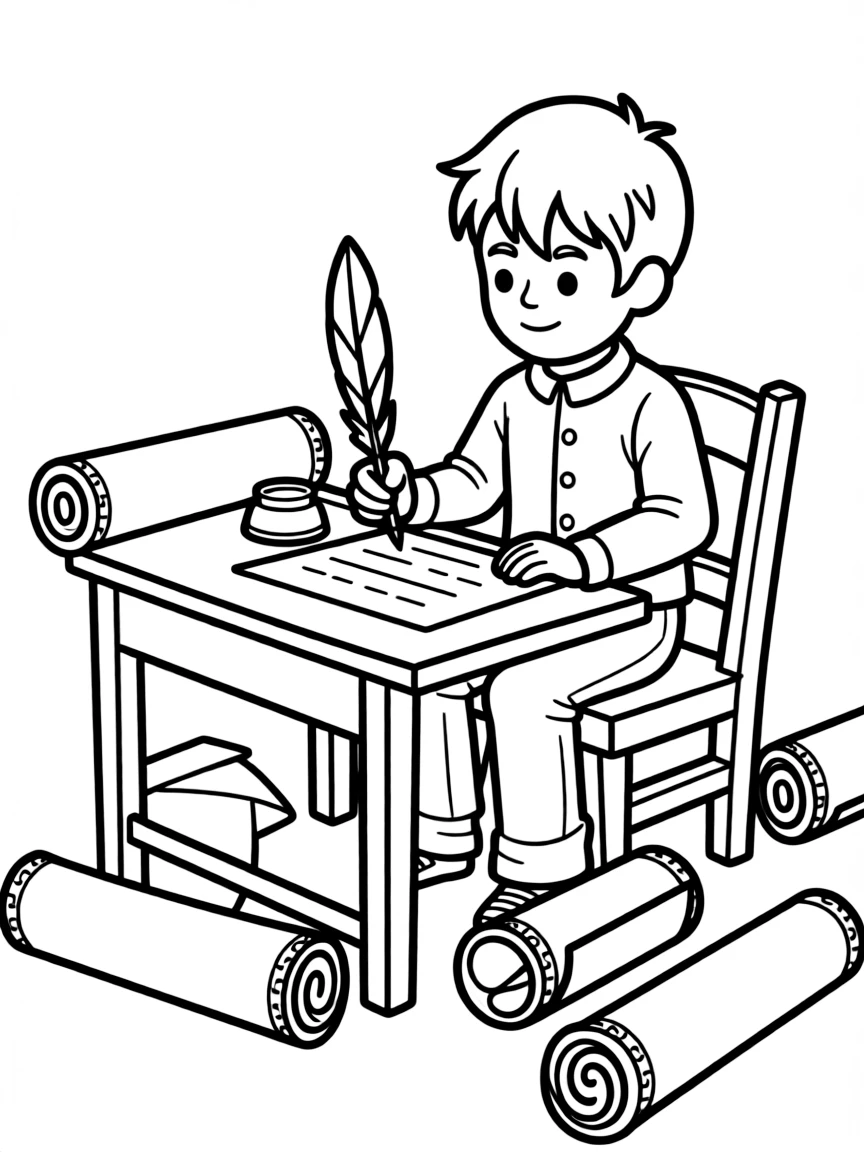 Paul writing his letters, surrounded by scrolls.