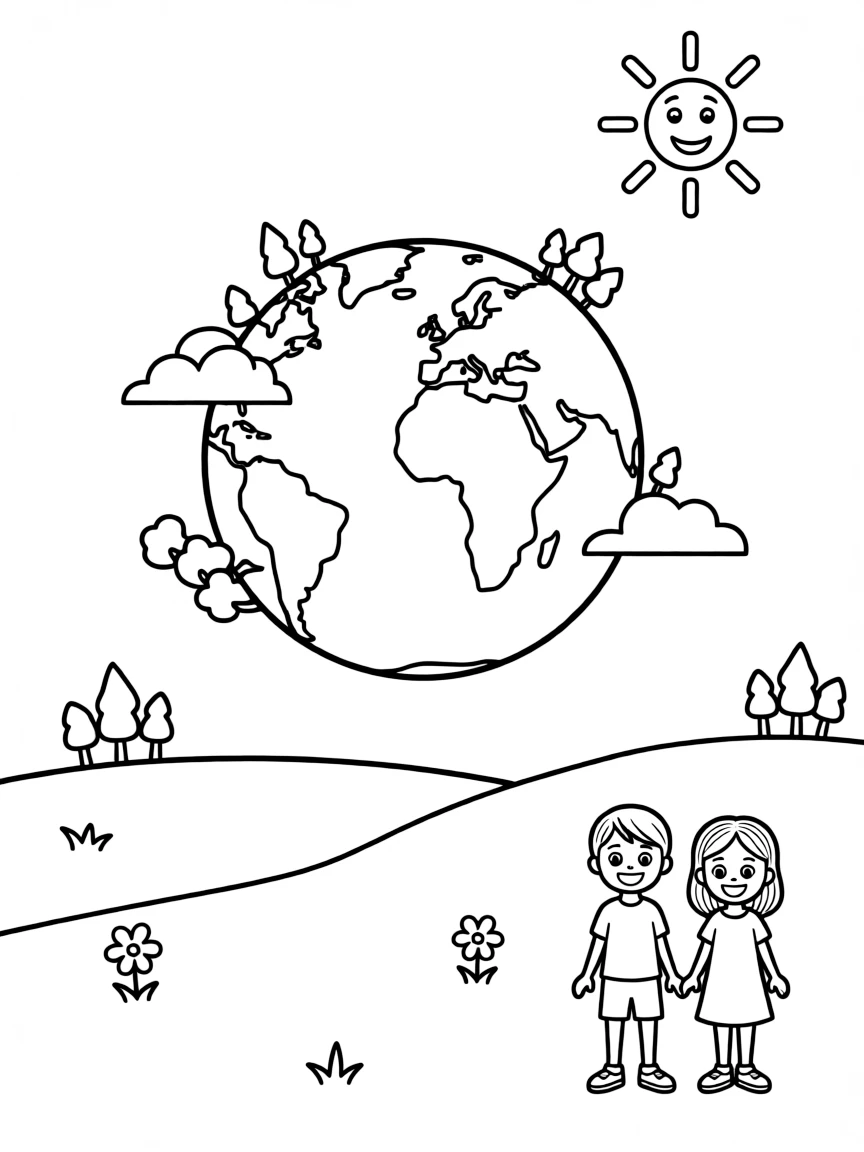 The creation of Earth, with a sunny sky and green land.