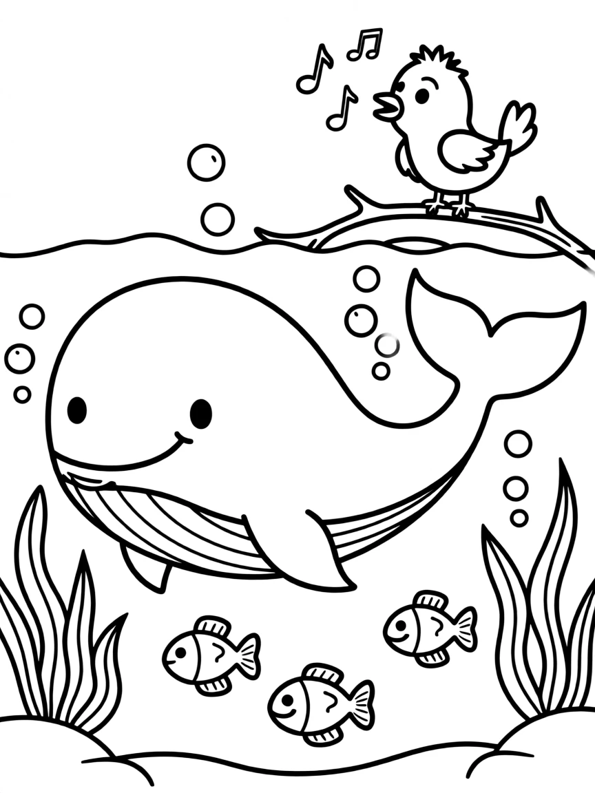 The creation of fish and birds, with a happy whale and a singing bird.