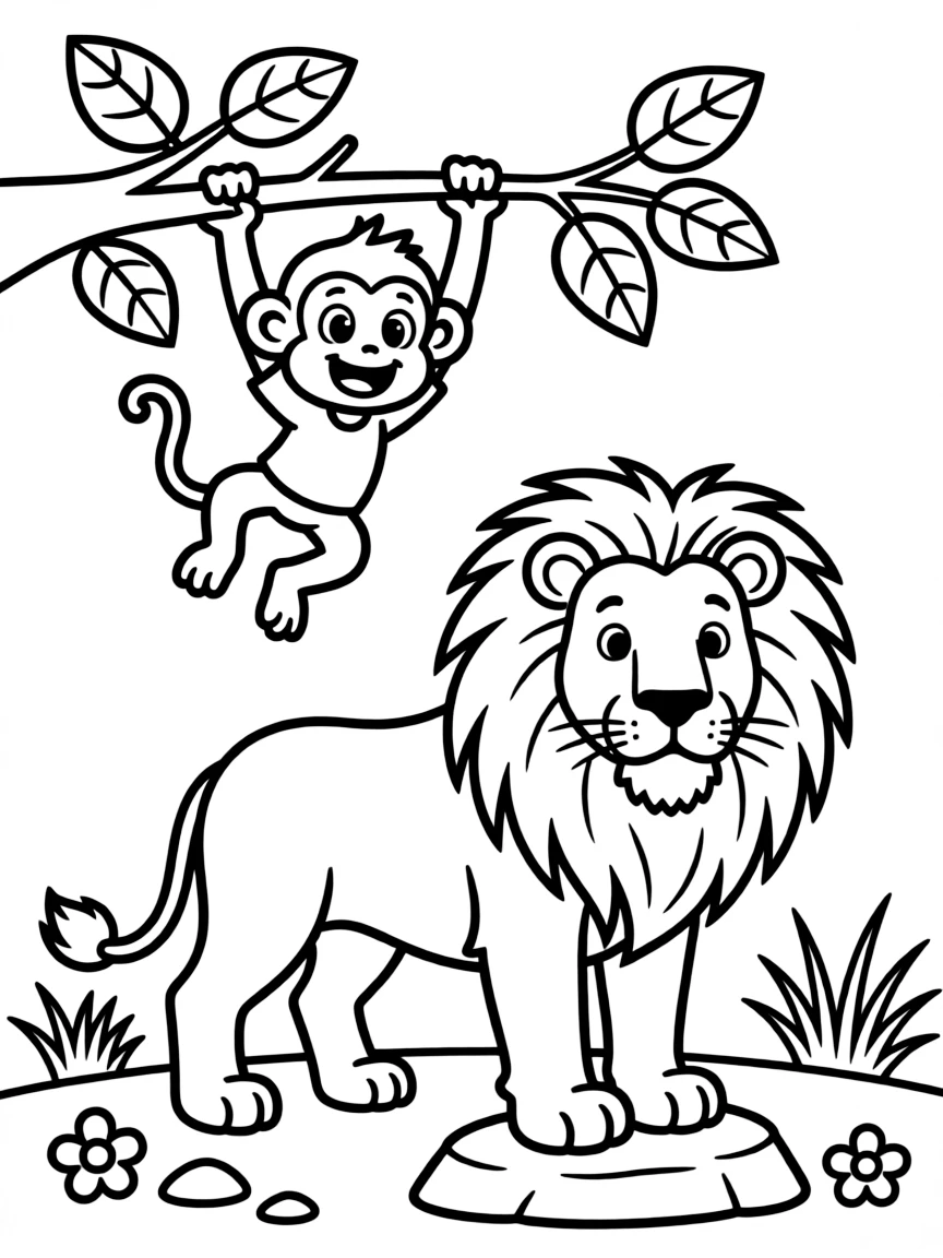 The creation of land animals, with a playful monkey and a majestic lion.