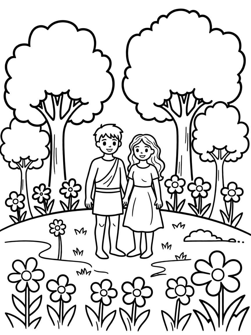 Adam and Eve in the Garden, with flowers and trees.
