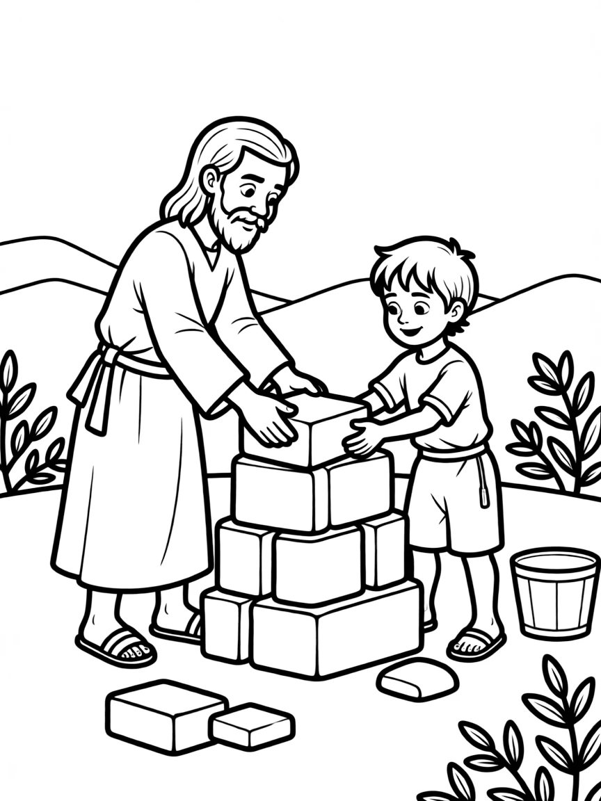 Abraham and Isaac building an altar together.
