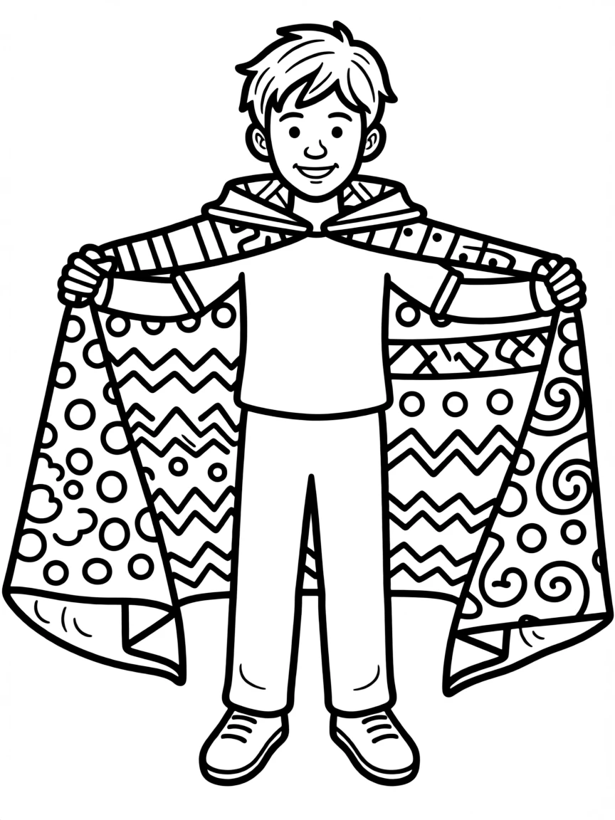 Joseph showing his coat of many colors, with vibrant patterns.