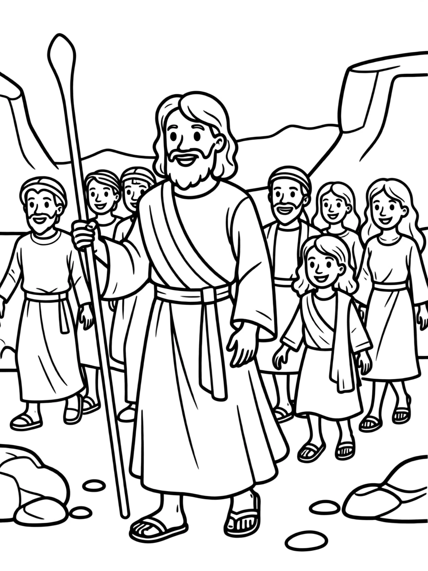 Moses leading the Israelites, with a happy expression.