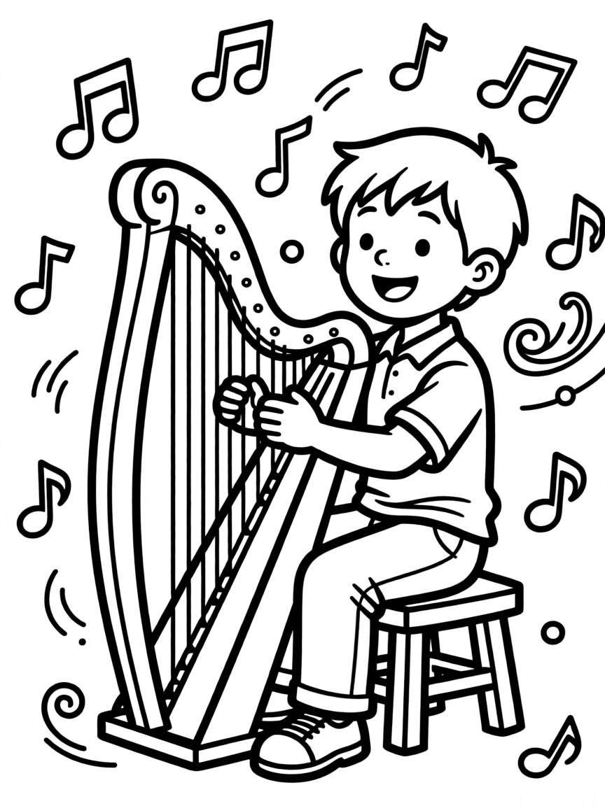 David playing his harp, with cheerful musical notes around him.