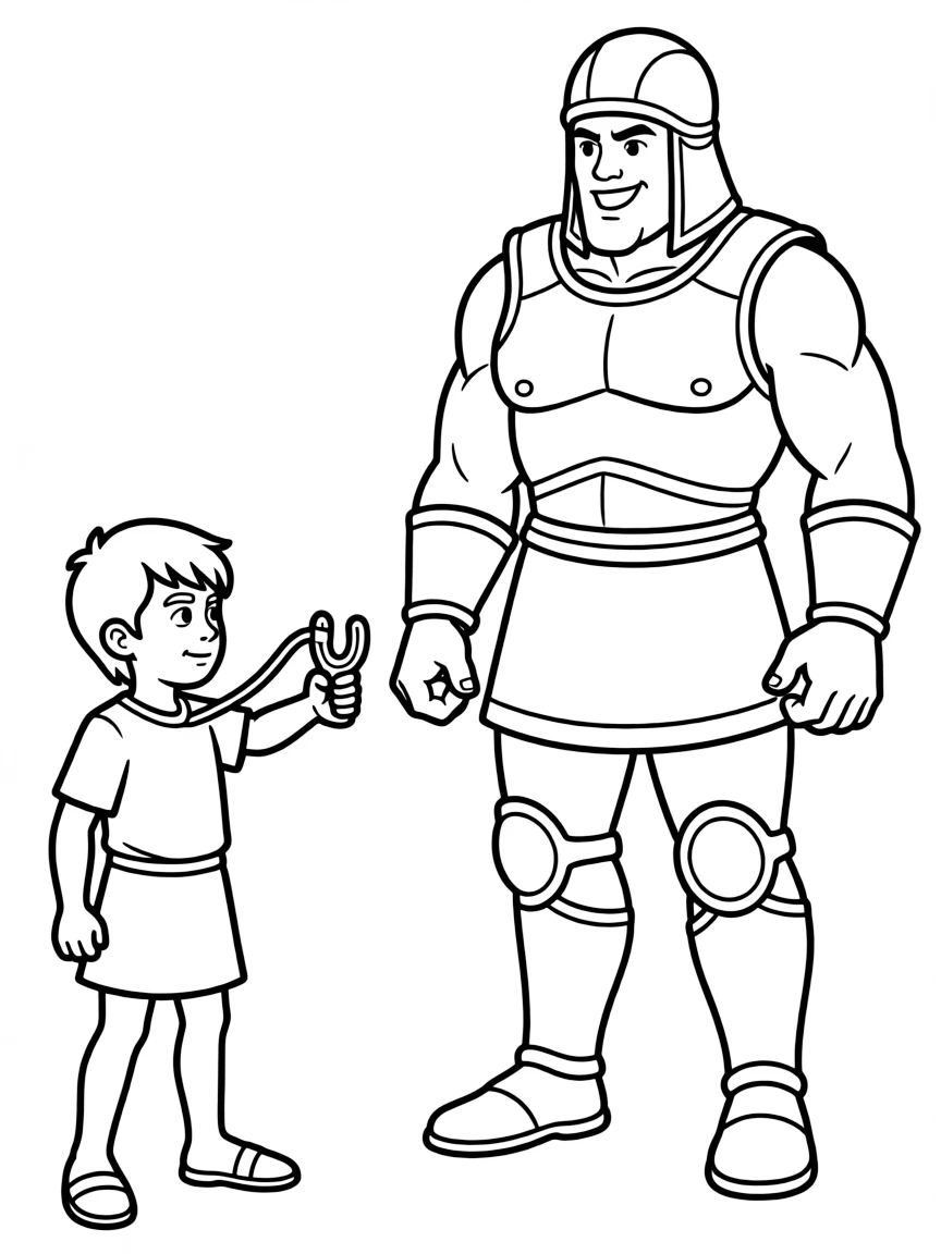 David facing Goliath, with a small slingshot and a determined face.