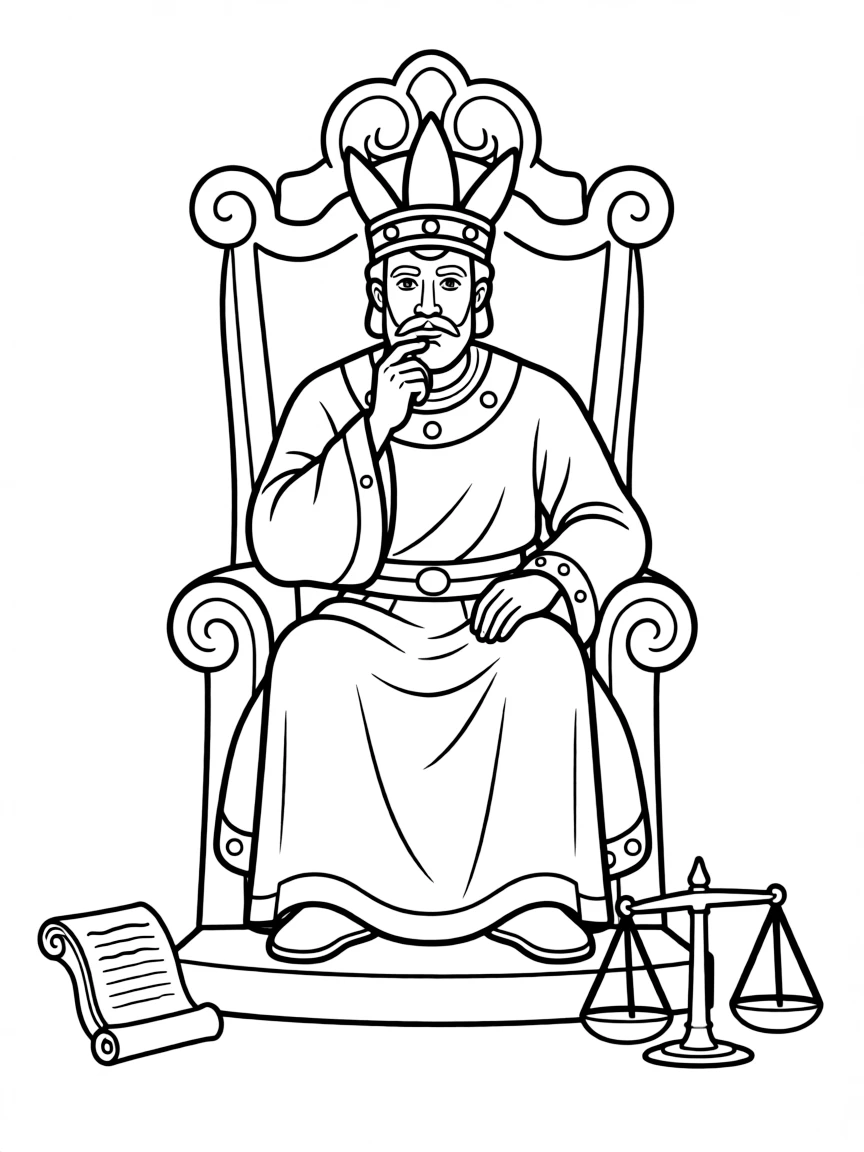 King Solomon on his throne, with a crown and a thoughtful look.