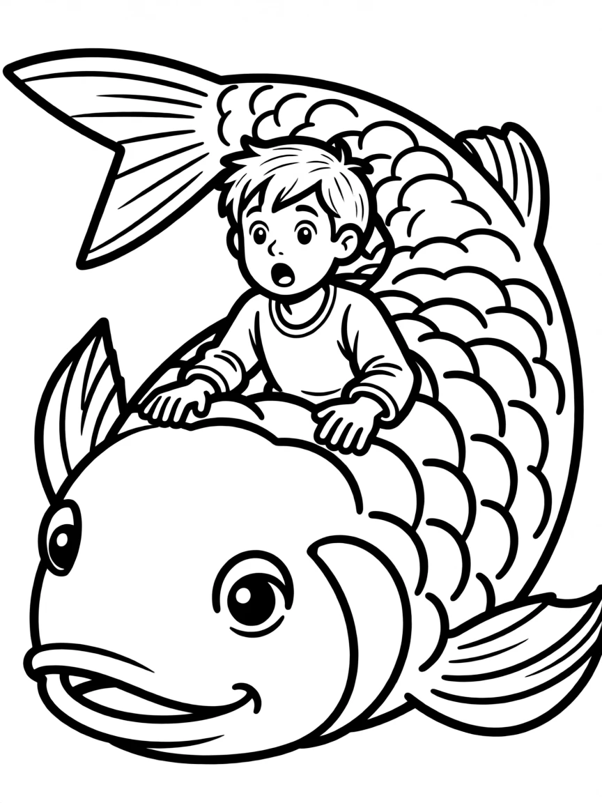 Jonah inside the big fish, looking surprised but safe.