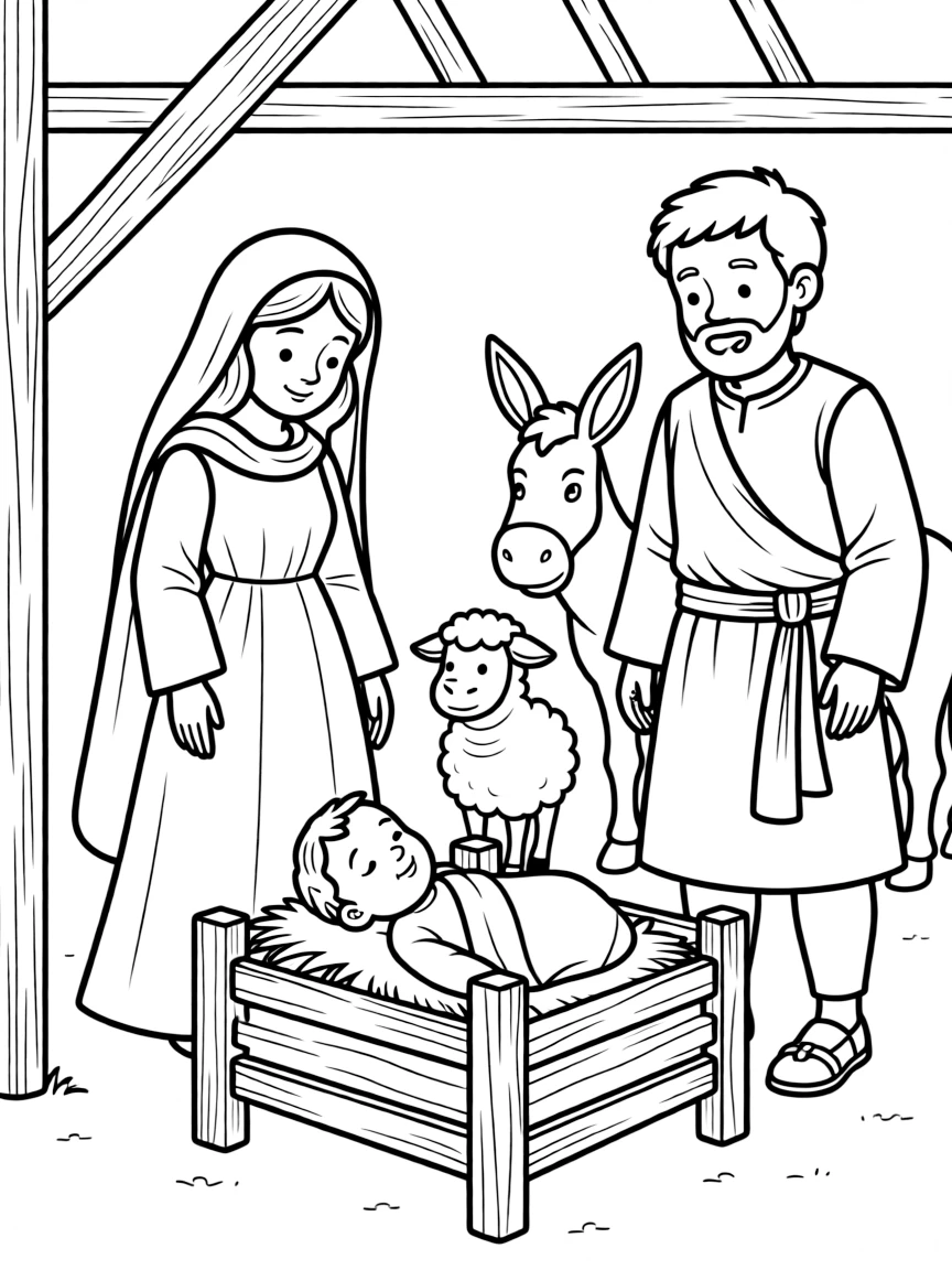 Baby Jesus in the manger, surrounded by Mary, Joseph, and animals.