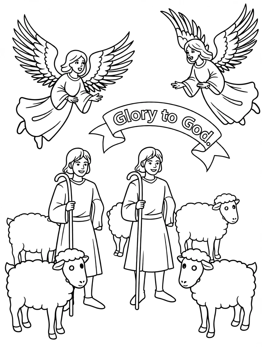 Shepherds and angels, with angels singing "Glory to God."