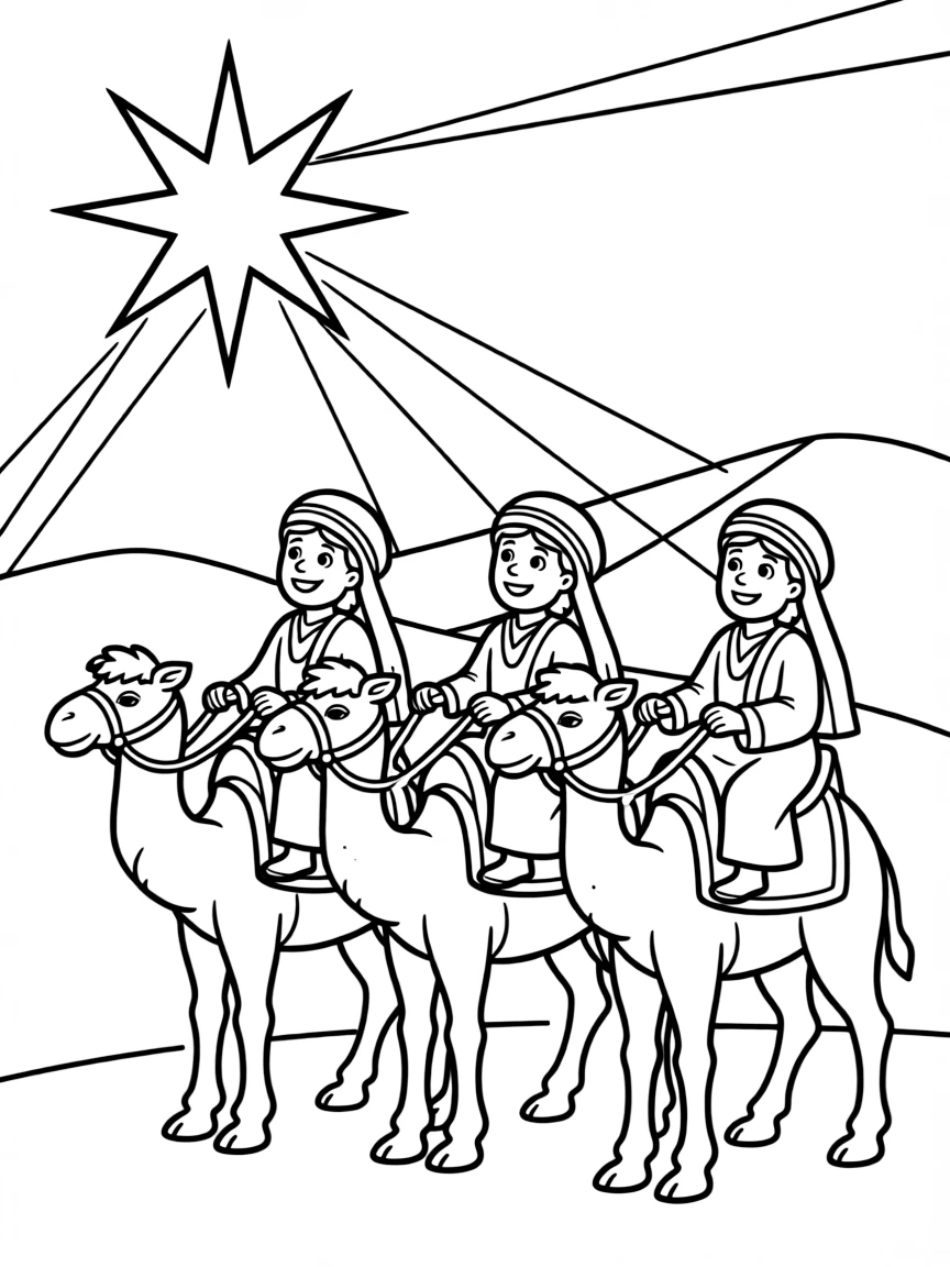 The wise men on camels, following a bright star.
