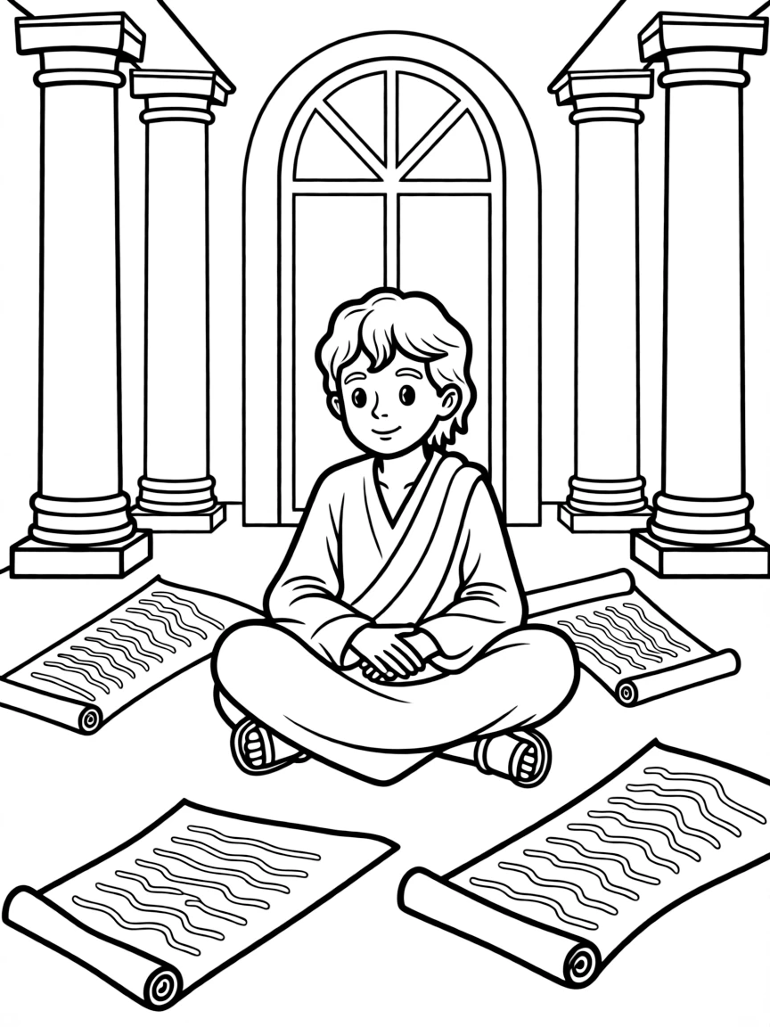 Young Jesus learning in the temple, with scrolls around him.
