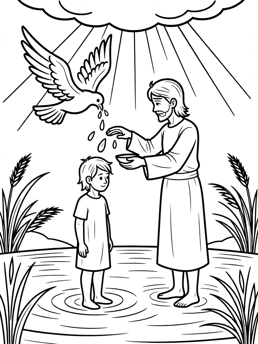 Jesus being baptized, with a dove flying down from heaven.