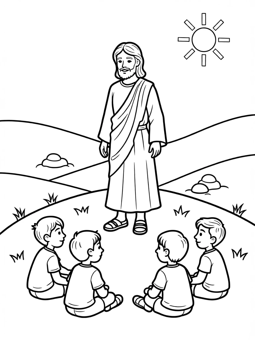 Jesus teaching on the mount, with a gentle smile.