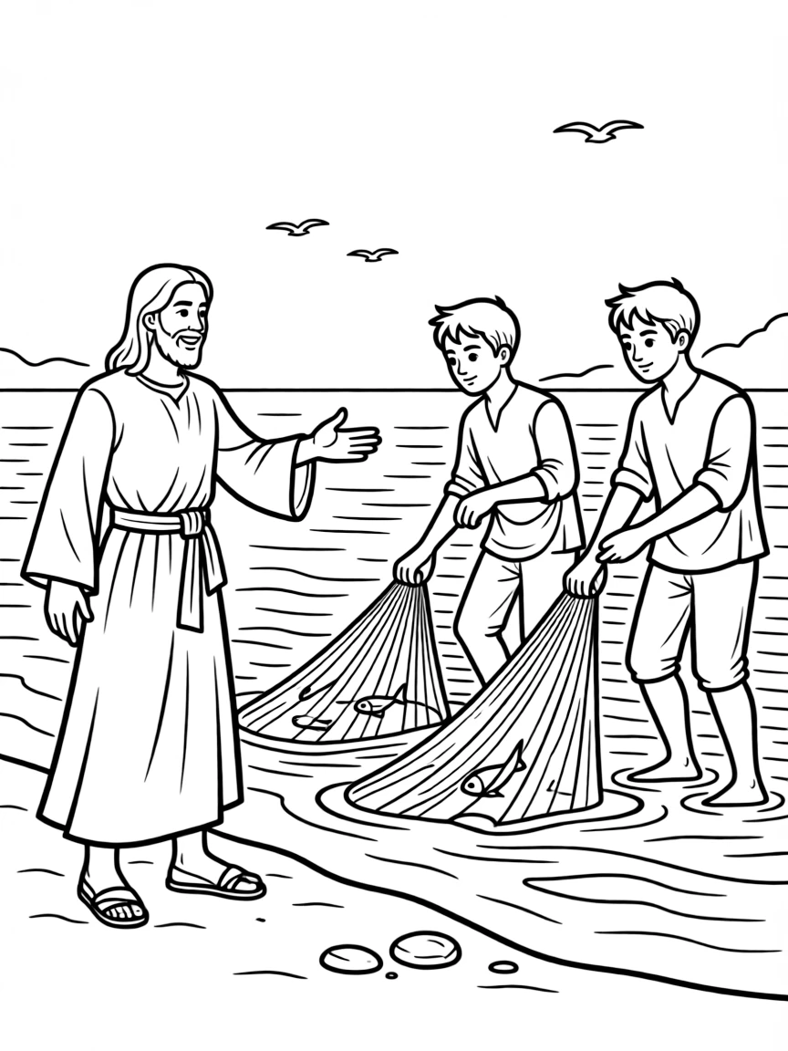 Jesus calling his first disciples, with fishing nets in the water.