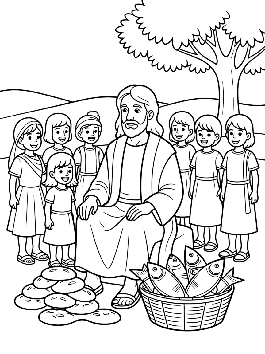 Jesus feeding the five thousand, with a pile of bread and fish.