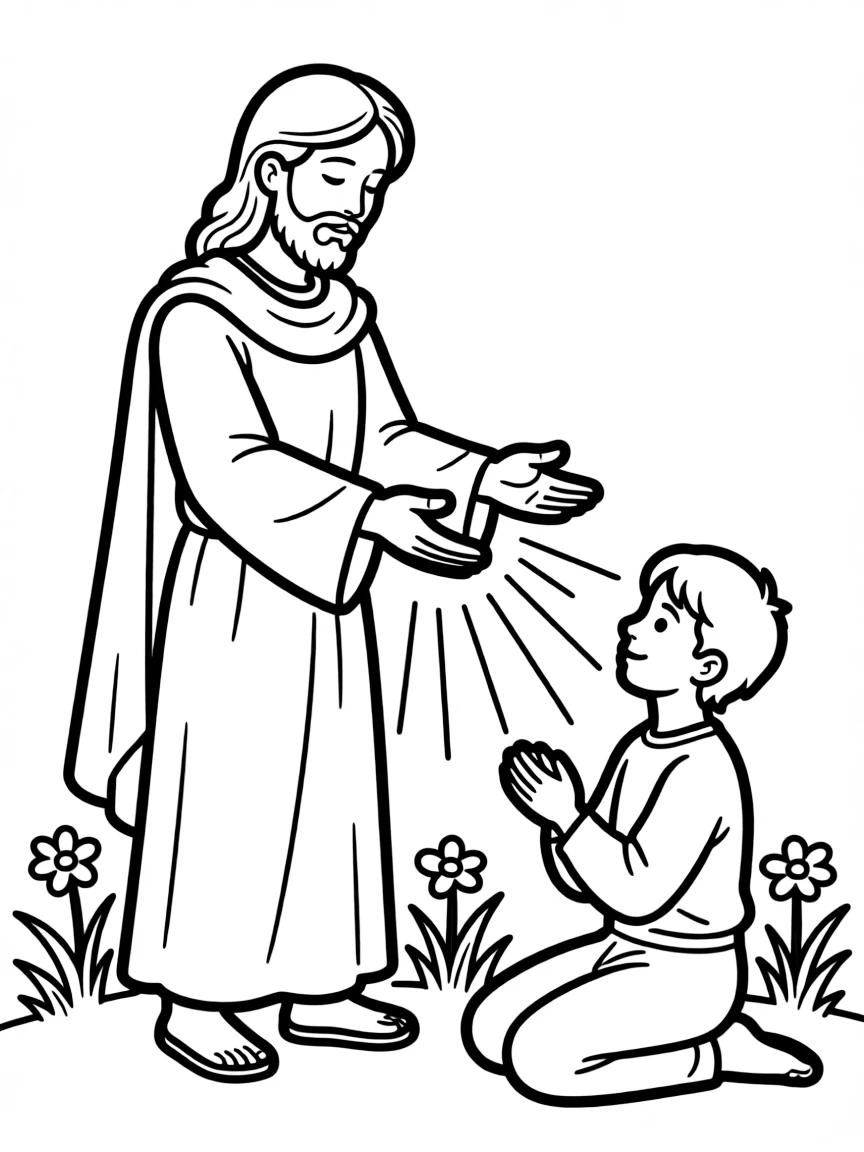 Jesus healing a person, with light shining from his hands.
