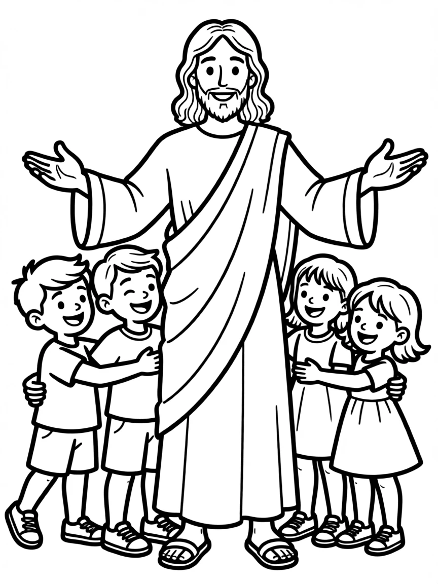 Jesus welcoming children, with them smiling and hugging him.