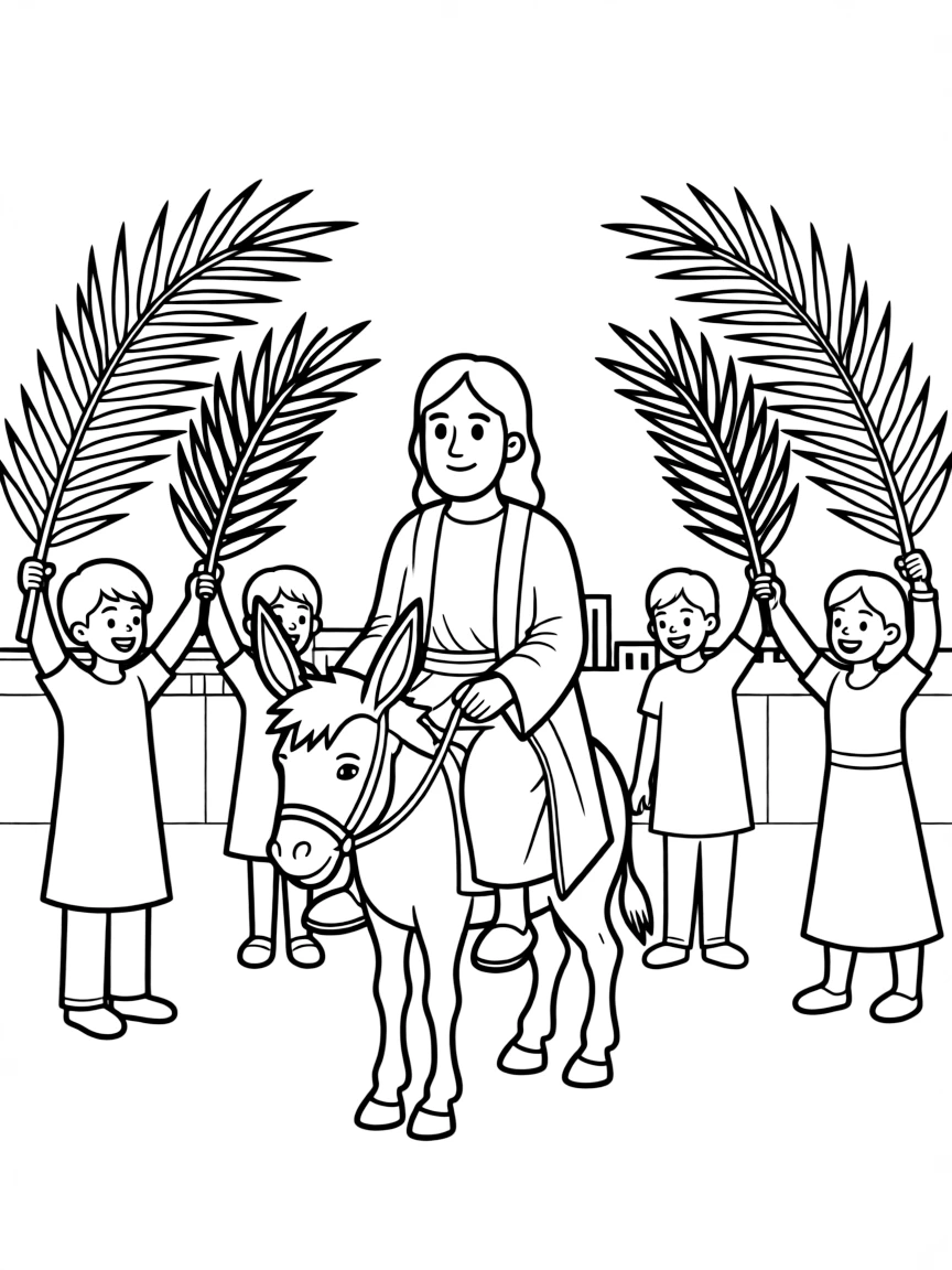 Jesus riding into Jerusalem, with people waving palm branches enthusiastically.