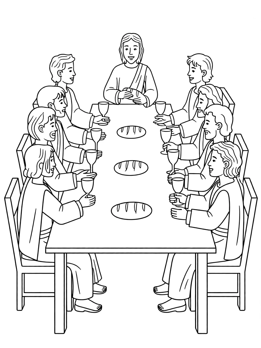 The Last Supper, with Jesus sharing bread and wine with his disciples.