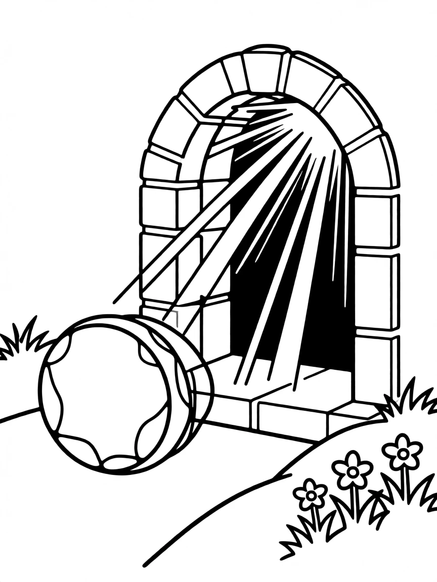The empty tomb, with the stone rolled away and light shining from inside.