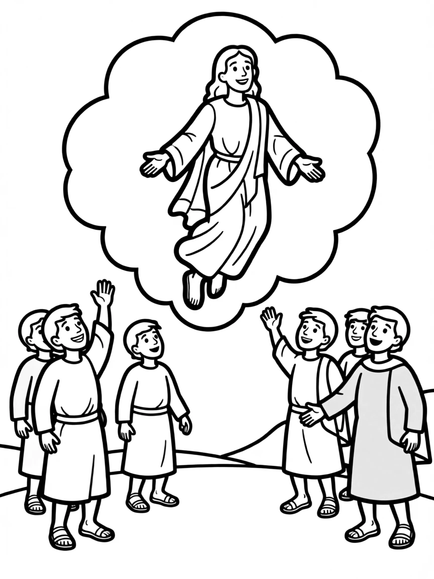 Jesus ascending into heaven, with disciples looking up and waving.