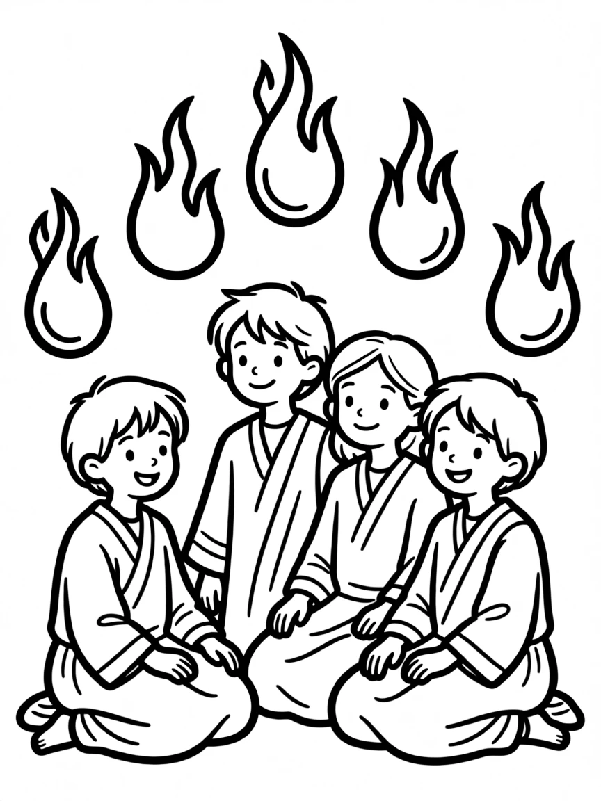 The Holy Spirit coming at Pentecost, with colorful flames.