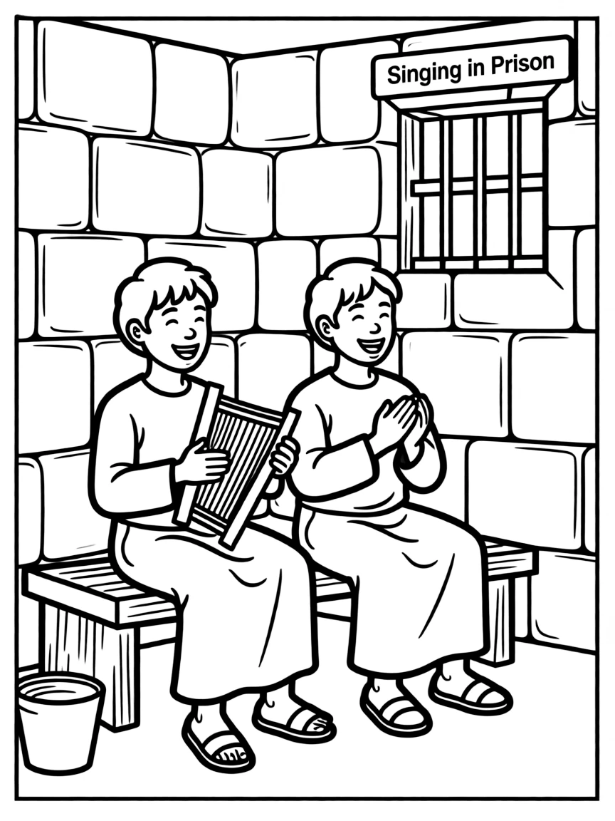 Paul and Silas singing in prison, with a happy, peaceful look.