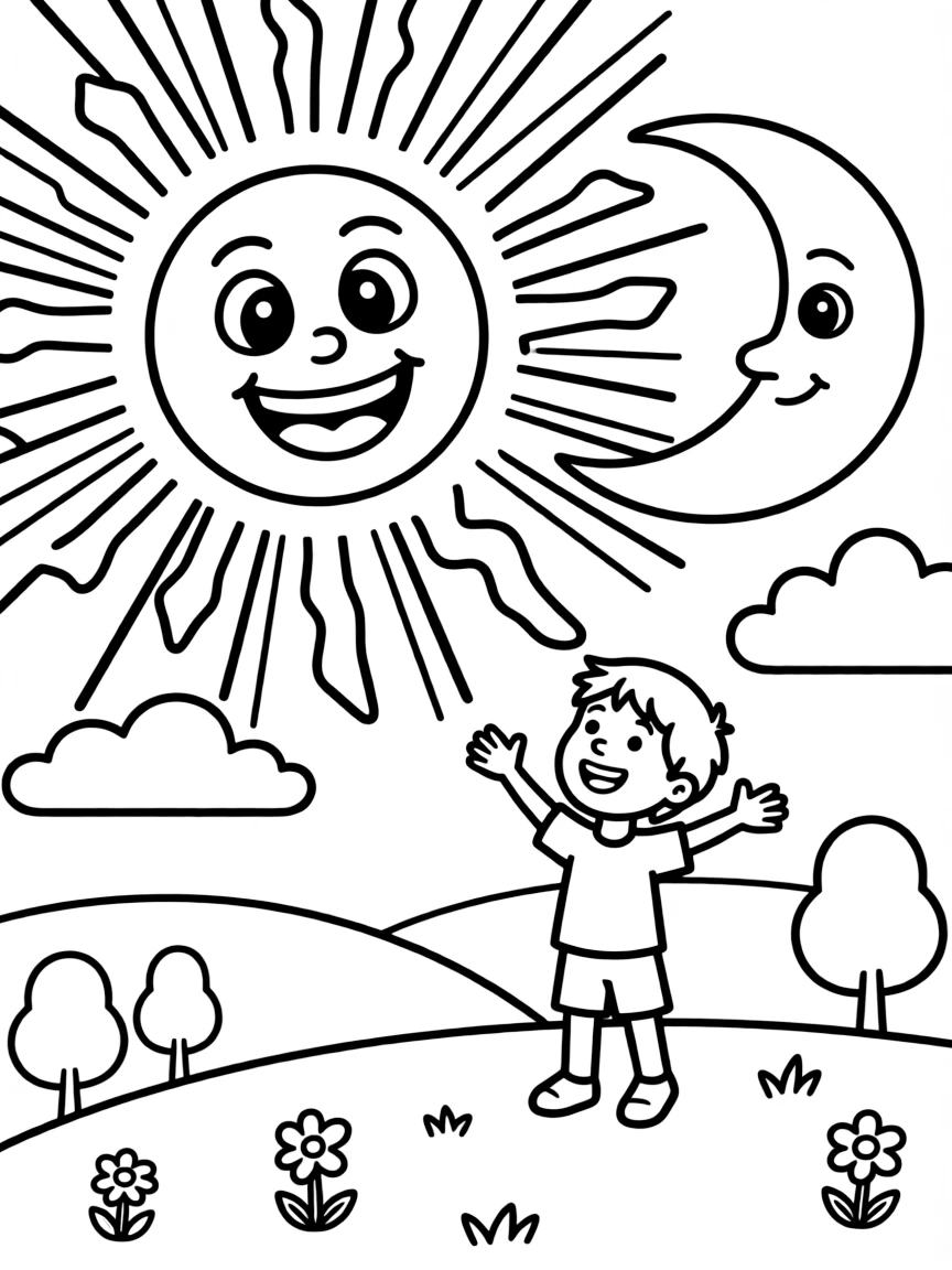 The creation of light and darkness, with a sun and moon smiling.