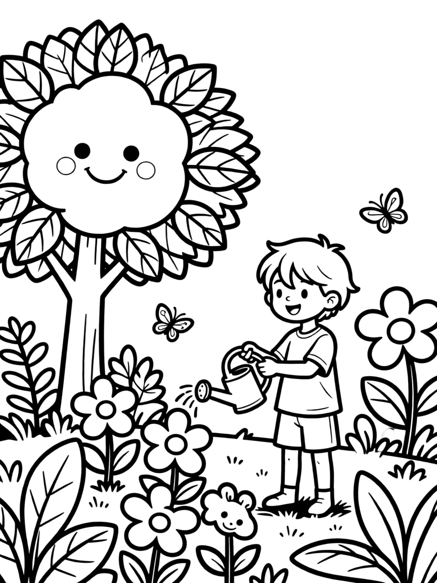 The creation of plants and trees, with colorful flowers and happy leaves.
