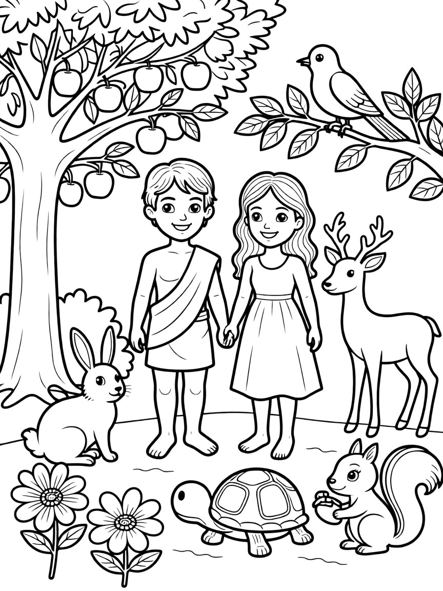 Adam and Eve in the Garden, with friendly animals surrounding them.