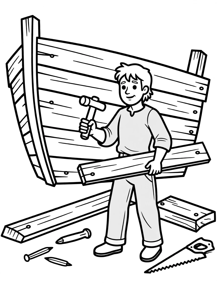 Noah building the ark, with wooden planks and hammers.