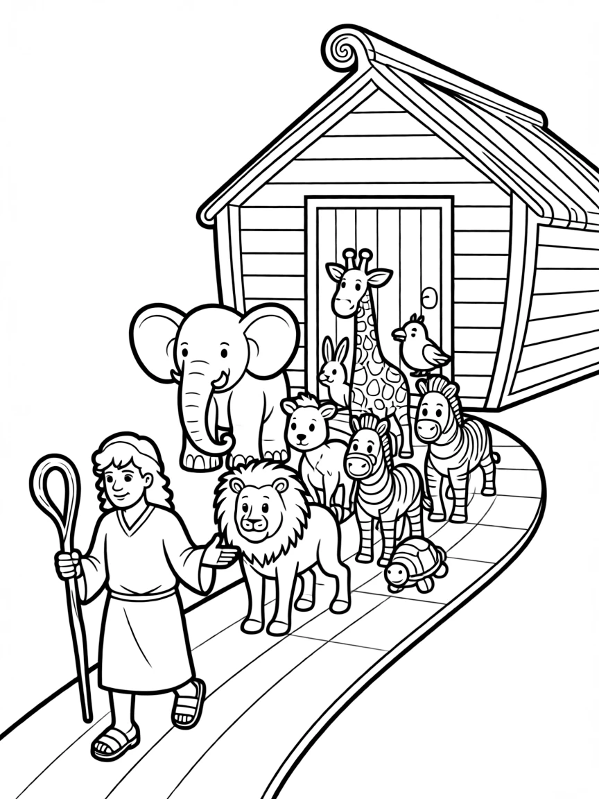 Noah leading animals into the ark, with a long line of happy creatures.