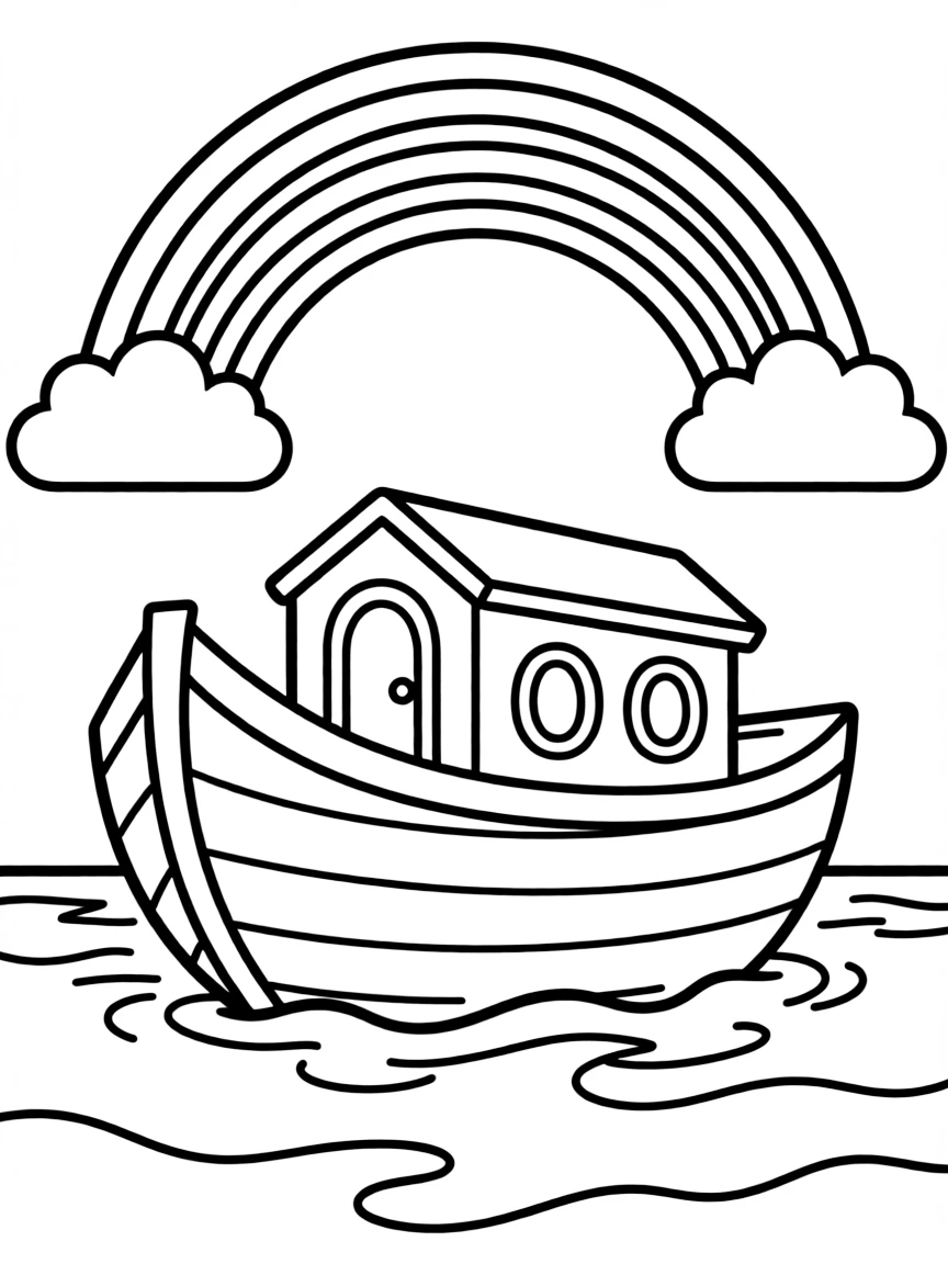 The ark floating on water, with a beautiful rainbow in the sky.