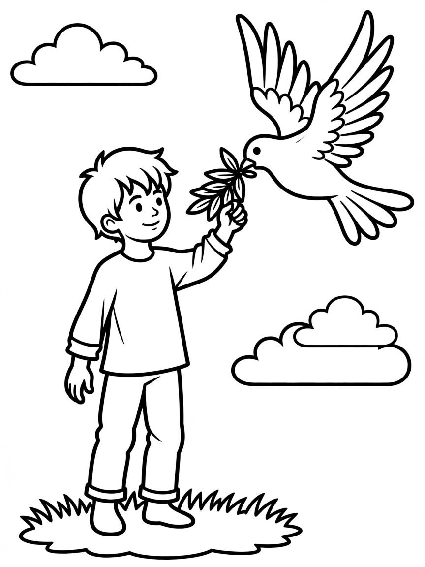 Noah releasing a dove, with a green olive branch in its beak.