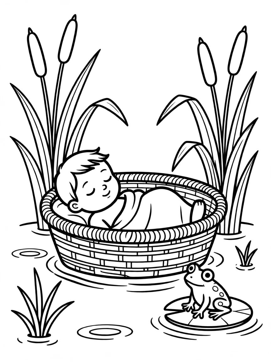 Baby Moses in a basket, floating among reeds, with a curious frog.
