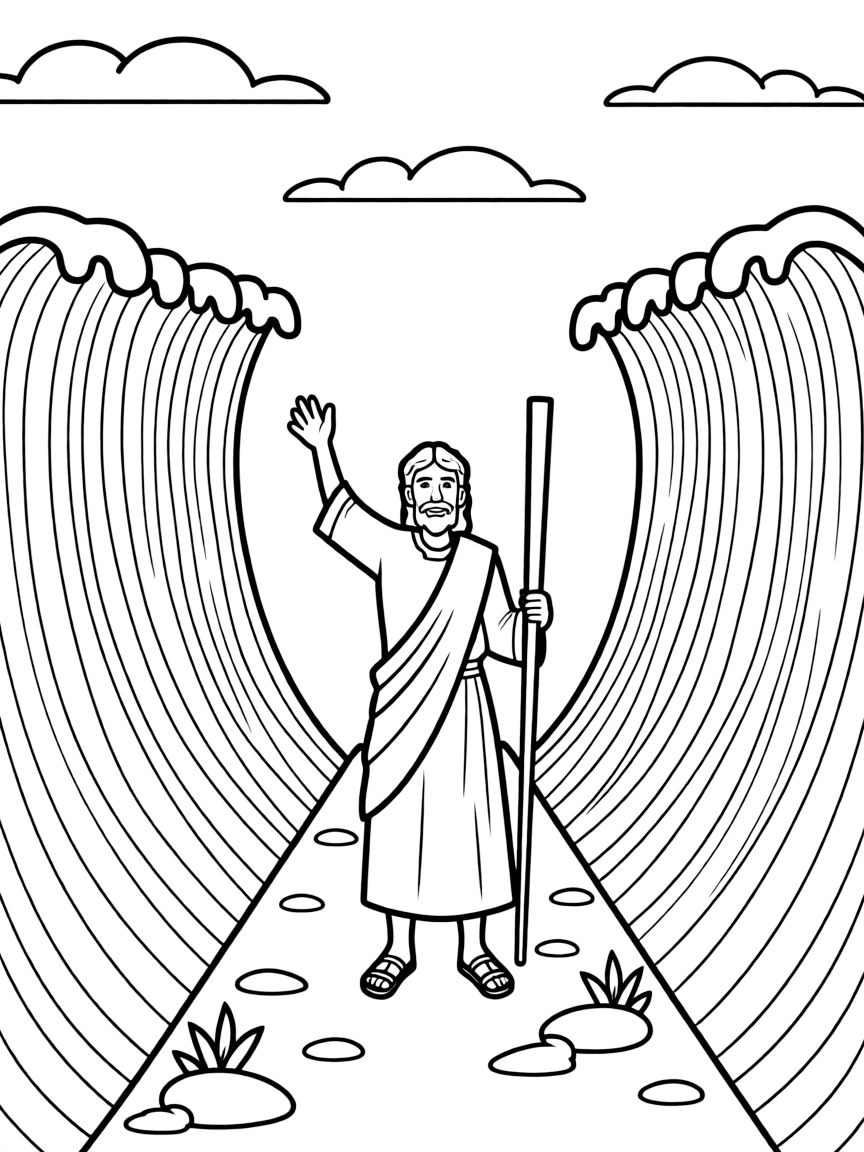 Moses parting the Red Sea, with tall walls of water.