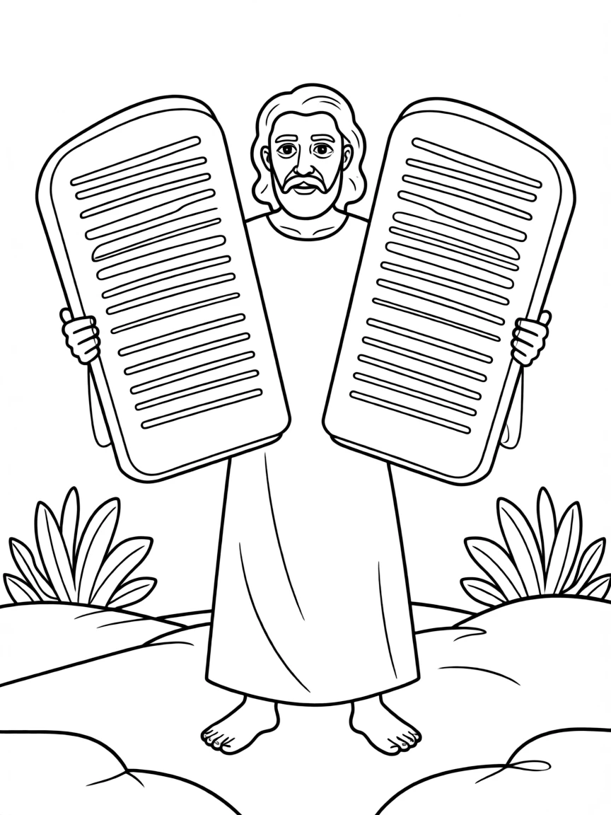 Moses holding the Ten Commandments, looking wise and kind.