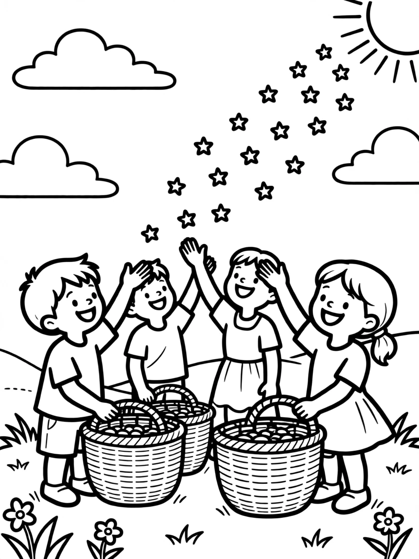 Manna falling from the sky, with people collecting it in baskets.