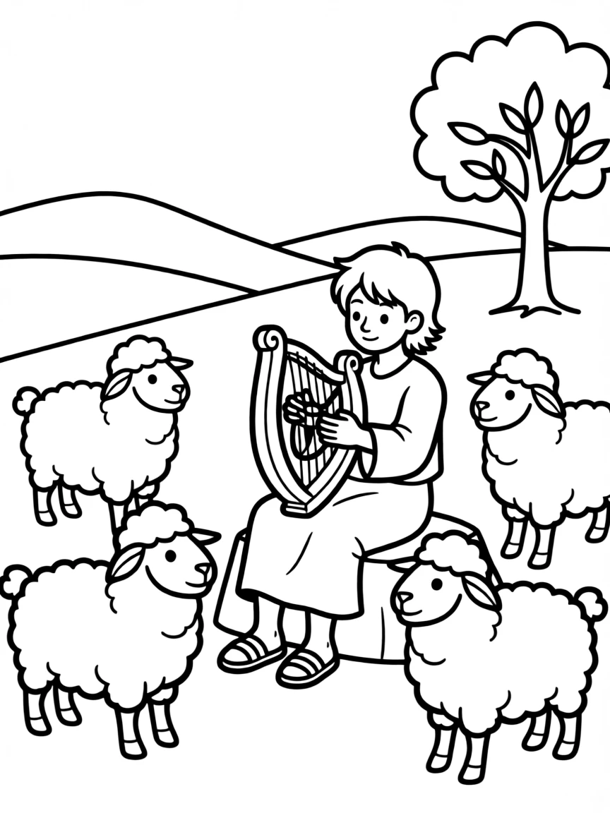 David as a shepherd boy, playing his harp for his sheep.