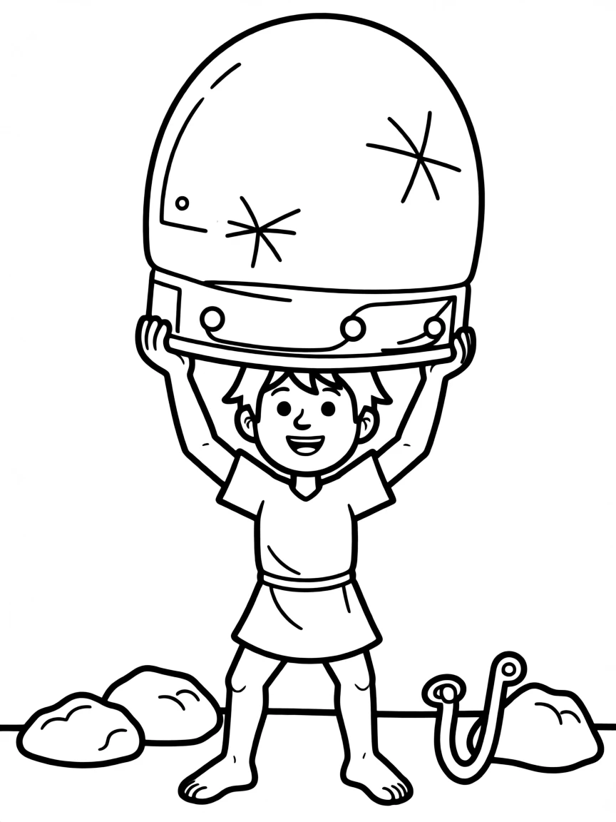 David celebrating his victory over Goliath, holding the giant's helmet.